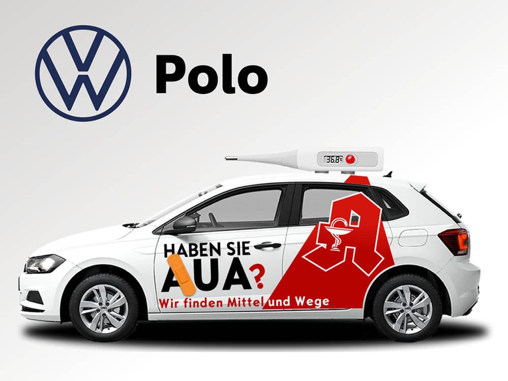 weißer VW Polo mit Pflaster am Dach und der Aufschrift haben Sie AUA?